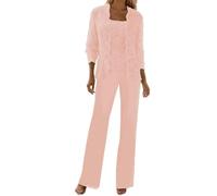 Blush-Pink Wedding Trouser Suits for Women UK 3 Pieces Lace Chiffon Mother of The Groom Trouser Suits with Jacket Size 20