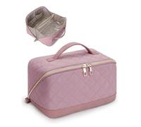 Blush Quilted Makeup Bag Women Large Capacity Travel Toiletry Organizer 180 Degree Wide Opening Nylon Cosmetic Case with Central Clear Section