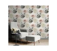 Blush Rose Floral Wallpaper Green Cream Metallic Shimmer Feature Wall Luxury