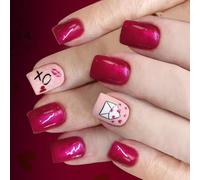 Blushes Glitters Valentines Artificial Nails 24PCS Squares Shape with Envelope Heart Detailing Plums Glossy False Nails