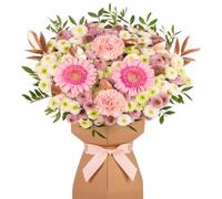 Blushing Elegance Fresh Flower Bouquet Delivered in Presentation Vase | Solidago, Pink Germini & Seasonal Greenery | Natural Card Vase and Pink Ribbon Ribbon | AMFL010