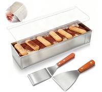 Blushtier 1 Pc Nonstick Rectangle Tiramisu Cake Pan with Acrylic Lid and 2 Metal Spatula Removable Frame 304 Stainless Steel Cake Baking Molds for Tiramisu Cheesecake Mousse (11.81x3.94x2.56 Inch)