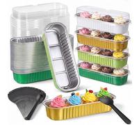 Blushtier 150 Pcs/50 Set Mini Loaf Pans with Lids and Spoons 6.8 oz Rectangular Aluminum Foil Baking Pans Mini Tins Cake Containers for Bread Desserts(Green and Gold)