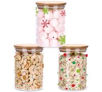 Blushtier 3 Pcs Christmas Glass Storage Jars with Airtight Bamboo Lid 3 Style 18.6 oz Xmas Clear Decorative Canisters Set for Winter Home Kitchen Countertop Christmas Party Supply (Candy Cane Design)