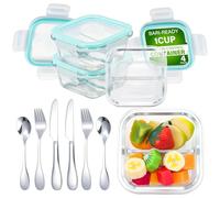 Blushtier 4 Set Bariatric Meal Prep Containers with Lids and 4 Set Flatwares 8 oz Glass Portion Control Bariatric Containers with Two 4 oz Compartments Reusable Food Storage Boxes