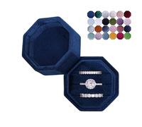 BLUTETE Velvet 3 Slots Jewelry Ring Box Engagement Wedding Box Keepsake Box Bridal Photo Ring Triple Slots Octagon (Navy Blue)
