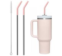 Bluwing Metal Straw with Silicone Tip for 40oz Stanley Cup, 2 Pcs Stainless Steel Straws Replacement for Stanley 40 oz 30 oz Adventure Quencher Travel Tumbler Cup, 1 Straw Brush (Light Pink)