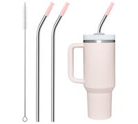Bluwing Repeatable Metal Straw with Silicone Tips for 40 oz Stanley Tumbler, 2 Pcs 40 oz Stainless Steel Straws Replacement for Stanley Tumbler, 1 Straw Brush, BPA Free(Light Pink)