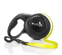 bluzelle 8m / 26ft Retractable Leash for Dogs up to 50kg / 110lbs, Bright Neon Yellow Reflector Nylon Belt with 360° Snap Hook Metal, Reliable Braking One-Hand Ergonomic Rubberized Handle, Black