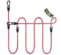 BLUZELLE Adjustable 3m Rope Dog Lead for Medium & Large Dogs, Double Leash for 2 Dogs, Hands Free, 2x Strong Aluminium Snap Hook, Reflective Nylon Multi-Use Training Lead Leather Details, Color:Red