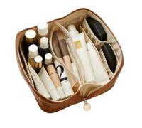 BLVSH & Co. Travel Makeup Bag,Large Capacity Cosmetic Bags for Women,Waterproof Portable Pouch Open Flat Toiletry Bag Make up Organizer with Divider and Handle, Brown, M, Rustic