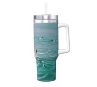BLWSLC 40oz Beach Surf Printed Instant Mug with Handle and Straw Stainless Steel Travel Coffee Mug Suitable for car interiors and Travel
