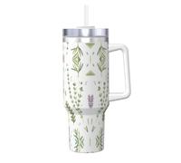 BLWSLC 40oz Green Flower Herb Sage Leaves and Branches Printed Instant Mug with Handle and Straw Stainless Steel Travel Coffee Mug Suitable for car interiors and Travel