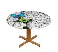 BLWSLC Blue butterfly green butterfly and stone Patterned S round decorative tablecloth, suitable for dining rooms and banquets.