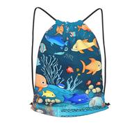 BLWSLC Blue underwater world of fish Printed Sports Drawstring Backpack Fitness Travel Backpack Suitable For Gym And Travel, Black, S