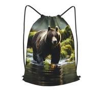 BLWSLC brown bear pounce Printed Travel Drawstring Backpack Gym Drawstring Bag Portable Suitable For Short Trips, Black, M