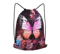 BLWSLC Butterflies and Flowers Printed Travel Drawstring Backpack Gym Drawstring Bag Portable Suitable For Short Trips, Black, M