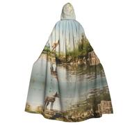 BLWSLC Clear River Printed hooded cape, long decorative cloak, suitable for cosplay, stage performances, or holiday parties.