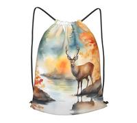 BLWSLC Deer by the river Printed Travel Drawstring Backpack Gym Drawstring Bag Portable Suitable For Short Trips, Black, M