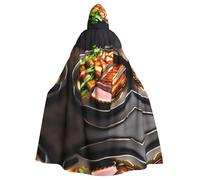 BLWSLC Delicious grilled meat Printed hooded cape, long decorative cloak, suitable for cosplay, stage performances, or holiday parties.