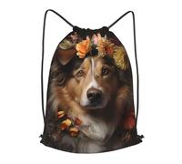 BLWSLC Dog Girl with Flowers Printed Travel Drawstring Backpack Gym Drawstring Bag Portable Suitable For Short Trips, Black, M