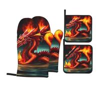 BLWSLC Dragon King in Fire 4-Piece Oven Mitt and Potholder Set - Heat Resistant to 500 Degrees - Kitchen Utility Kitchen Oven Mitts