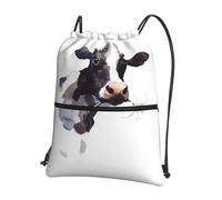 BLWSLC Drawstring gym bag Watercolor Cow And Daisy Flower printed zippered drawstring bag recommended for travel