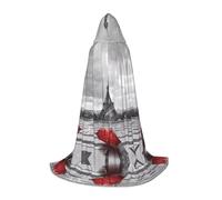 BLWSLC Eiffel Tower with Red Umbrella patterned teen L hooded cape for cosplay, fancy dress and holiday party wear