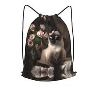 BLWSLC Elegant Siamese Cat Printed Travel Drawstring Backpack Gym Drawstring Bag Portable Suitable For Short Trips, Black, S