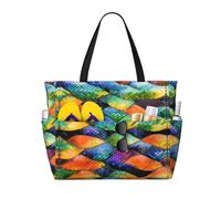 BLWSLC Foldable Rainbow Fish Scale printed zippered tote bag travel beach bag lightweight and portable suitable for travel and gym use