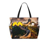 BLWSLC Foldable the Great Wall of China printed zippered tote bag travel beach bag lightweight and portable suitable for travel and gym use
