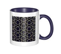 BLWSLC Geometric Lines Patterned Ceramic Navy Blue Mug with Curved Handle, Suitable for Coffee Shops and Offices.
