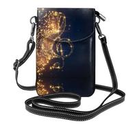 BLWSLC Gold Musical Note with Shiny Star Patterned leather crossbody bag, flap phone case, suitable for travel, hiking, camping or everyday use.