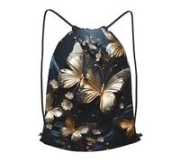 BLWSLC Gold White Butterflies Black Printed Travel Drawstring Backpack Gym Drawstring Bag Portable Suitable For Short Trips, Black, S