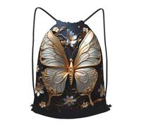BLWSLC Gold White Butterflies Printed Travel Drawstring Backpack Gym Drawstring Bag Portable Suitable For Short Trips