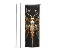 BLWSLC Golden Delicate Dragonfly on Black Background 20-ounce stainless steel travel mug with a straight straw perfect for travel and fitness