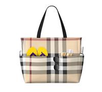 BLWSLC Gray plaid lines Printed beach tote bag lightweight foldable pool bag suitable for packing travel and gym use
