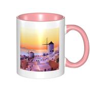 BLWSLC Greece Island Sunset Landscape Patterned Pink Ceramic Mug, Suitable for cafes and Offices.