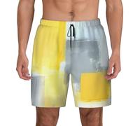 BLWSLC Grey and Yellow Abstract Art Painting Printed Men's Swim Trunks Double-Layer Beach Shorts Suitable for The Beach and Gym 2XL