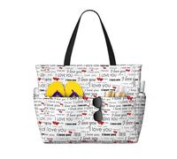 BLWSLC I Love You Words with Hearts Printed beach tote bag lightweight foldable pool bag suitable for packing travel and gym use