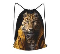 BLWSLC Leopard in a leather jacket Printed Sports Drawstring Backpack Fitness Travel Backpack Suitable For Gym And Travel, Black, M