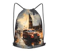 BLWSLC London Color Taxi Printed Travel Drawstring Backpack Gym Drawstring Bag Portable Suitable For Short Trips, Black, M
