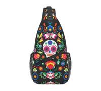 BLWSLC Men's Sugar Horror Skull and Flowers printed crossbody bag casual single shoulder backpack adjustable shoulder strap suitable for running and hiking