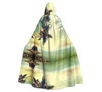 BLWSLC Palm Tree Rocky Shore Printed hooded cape, long decorative cloak, suitable for cosplay, stage performances, or holiday parties.