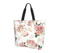 BLWSLC Pink Rose Flower with Leaves Printed Large Capacity Travel Handbag Women's Everyday Outing Shoulder Tote Bag Suitable for Travel and Gym