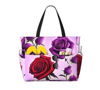 BLWSLC Red and purple roses Printed, large capacity beach travel bag, suitable for vacations, camping, and everyday use.
