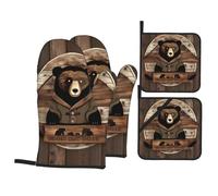 BLWSLC Rustic Lodge Bear 4-Piece Oven Mitt and Potholder Set - Heat Resistant to 500 Degrees - Kitchen Utility Kitchen Oven Mitts