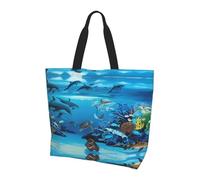 BLWSLC Sea Blue Marine Life Printed Large Capacity Travel Handbag Women's Everyday Outing Shoulder Tote Bag Suitable for Travel and Gym