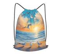 BLWSLC seagulls by the sea Printed Travel Drawstring Backpack Gym Drawstring Bag Portable Suitable For Short Trips, Black, M