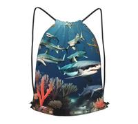 BLWSLC Sharks under the sea Printed Travel Drawstring Backpack Gym Drawstring Bag Portable Suitable For Short Trips, Black, M